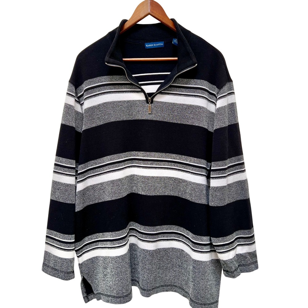 Karen Scott II Women's Striped‎ Quarter Zip Long Sleeve Pullover Sweater 3X